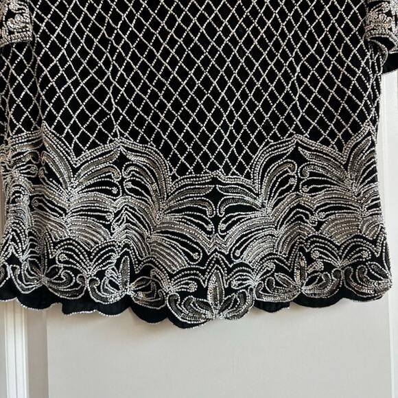 Adrianna Papell Black Beaded Evening Blouse Top Silk XL Formal Black Tie Elegant - Picture 9 of 9